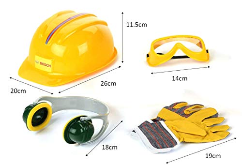 Theo Klein 8537 Set de accesorios Bosch, Guantes de trabajo, gafas de seguridad, orejeras y casco de gran calidad, Con diseño de Bosch, a partir de 3 años, 30 cm x 38 cm 10 cm