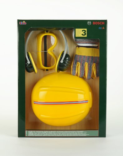 Theo Klein 8537 Set de accesorios Bosch, Guantes de trabajo, gafas de seguridad, orejeras y casco de gran calidad, Con diseño de Bosch, a partir de 3 años, 30 cm x 38 cm 10 cm