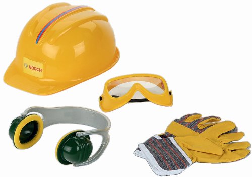 Theo Klein 8537 Set de accesorios Bosch, Guantes de trabajo, gafas de seguridad, orejeras y casco de gran calidad, Con diseño de Bosch, a partir de 3 años, 30 cm x 38 cm 10 cm