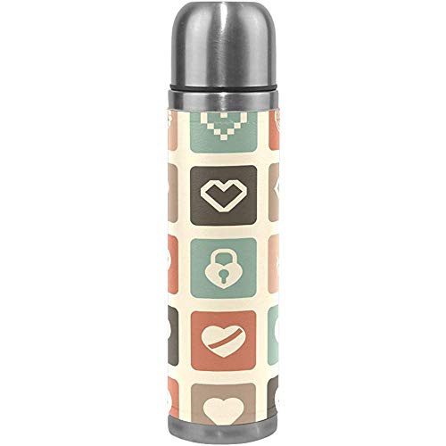 Thermos Iconos De Amor Corazones Botella De Agua De Acero Inoxidable Aislamiento Al Vacío Prueba De Fugas Botella De Vacío Doble para Café Caliente O Té Frío Taza De Bebida,500 ML