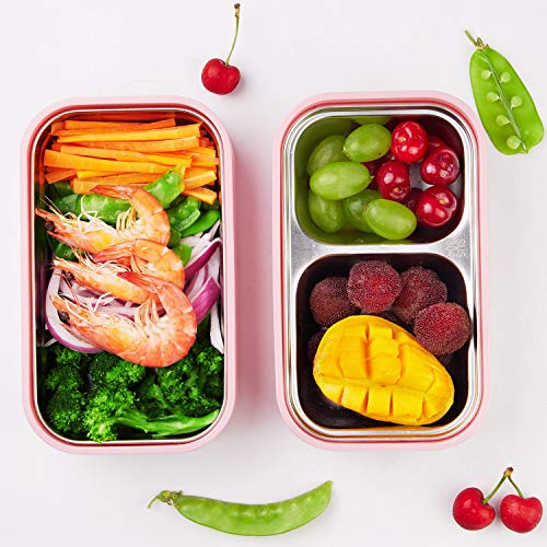 Thousanday Fiambrera Bento, Recipiente hermético Estilo Bento - Fiambrera con 2 Compartimentos Cubiertos y Tapa de Inoxidable - Lonchera a Prueba de Fugas para el Trabajo, Escuela, Viajes