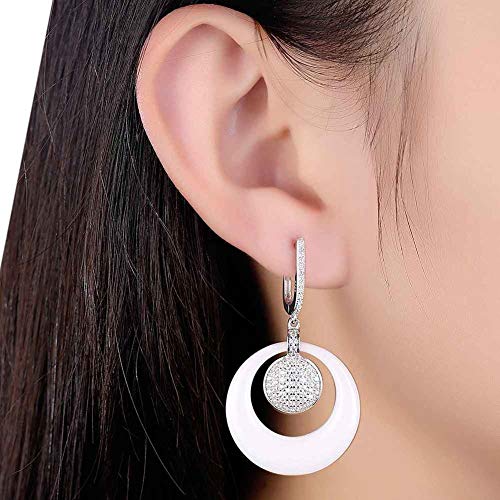 THTHT Las Mujeres De Plata Esterlina 925 Pendientes De Gota Blanco Redondo De Cerámica Aretes De Circonio De La Vendimia Regalo De La Joyería De Moda