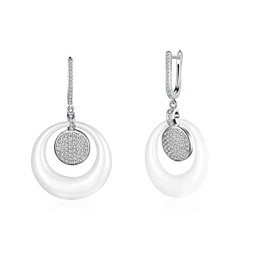 THTHT Las Mujeres De Plata Esterlina 925 Pendientes De Gota Blanco Redondo De Cerámica Aretes De Circonio De La Vendimia Regalo De La Joyería De Moda