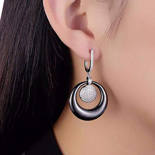 THTHT Las Mujeres De Plata Esterlina 925 Pendientes De Gota Negro Redondo De Cerámica Aretes De Circonio De La Vendimia Regalo De La Joyería De Moda