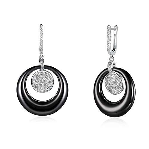 THTHT Las Mujeres De Plata Esterlina 925 Pendientes De Gota Negro Redondo De Cerámica Aretes De Circonio De La Vendimia Regalo De La Joyería De Moda