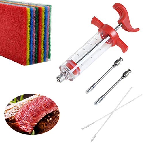 Tianher Carne inyector Jeringa para marinar 2 Piezas Agujas y 2 Cepillos De Limpieza y 10 Piezas Estropajo Clásico para Barbacoa Cocina cocinar Herramienta