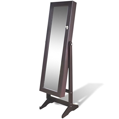 tidyard Espejo Joyero de Pie con Luz LED y Ganchos,Colgante Armario Espejo Armario para Joyas,Ángulo Ajustable,Ideal Decoración y Adición Práctica para Habitación,Marrón 46x37x146cm