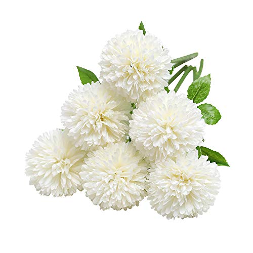 Tifuly Flores de Hortensia Artificial, 6 Piezas de crisantemo de Seda pequeña Bola de Flores para la decoración de la Oficina del jardín del hogar, Ramos de Novia, arreglos Florales(Blanco)