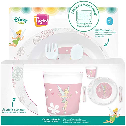 Tigex - Juego de vajilla con plato hondo, vaso, tenedor y cuchara, para diversificación de niños pequeños, apto para microondas, diseño de Campanilla Disney