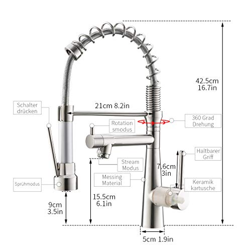 Timaco - Grifo de cocina con muelle en espiral, grifo y ducha extensible, orientable 360°, níquel cepillado, monomando, grifo mezclador y pulverizador para despertar