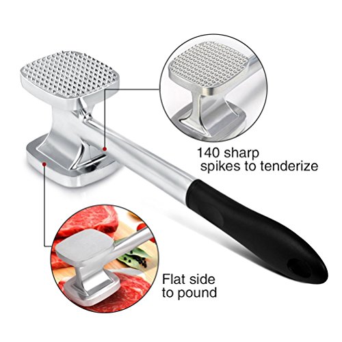 TIMESETL 28cm Martillo ablandador de carne de aluminio resistente de doble cara 140 Pincho y superficie plana Carne de pollo Pounder Mallet Kitchen Tool - Mango negro