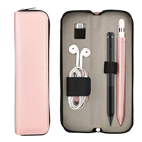 TiMOVO Bolso de Lápiz Apple Pencil de 1nd&2nd Generación,Soporte para iPad Stylus,Funda de PU para iPad Air 4/iPad 10.2/Pro 11&12. 9/Samsung Stylus Pen,Estuche Portátilde Cable USB, Rosa Oro