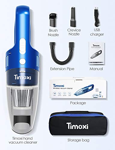 Timoxi Aspiradora de Mano sin Cable Potente Aspirador Coche Aspirador de Mano Casa y Coche Portátil 90W 2200mAh Lavable Filtro HEPA 3 Boquillas Intercambiable Recargable Batería de Litio