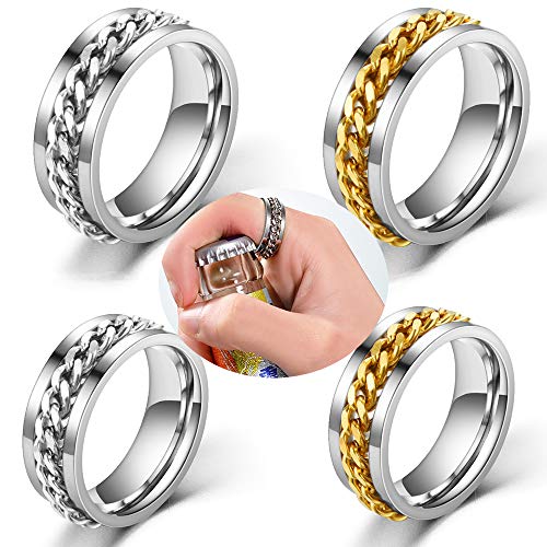 Tingz 4Pcs de anillos de dedo abridor de botellas,Herramienta de sacacorchos de anillos de cadena portátil regalo creativo Anillo giratorio de acero de titanio con cadena（8mm，Dos colores y tamaños）