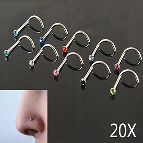 Tinksky 20 Piezas Piercing Joyas para Nariz - Titanio Acero Rhinestone