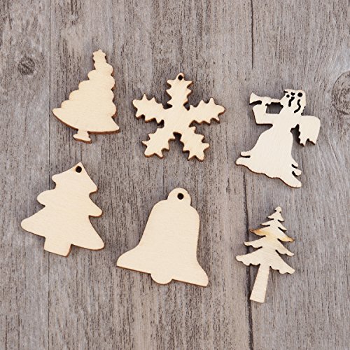 Tinksky 50 UNIDS Árbol de Navidad de Madera Muñeco de Nieve Copo de Nieve Rebanadas Inacabadas 12 Patrones Surtidos Ornamento Colgante Artesanía de BRICOLAJE Artesanía Para la Decoración de Navidad