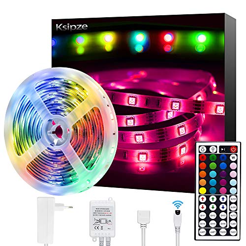 Tiras LED,Ksipze 5M Tira LED 12V RGB de Longitud Luces LED Habitacion Multicolor Control Remoto de 44 Botones y Fuente de Alimentación para, TV，Dormitorio, Techo, Decoración Habitación de Armario