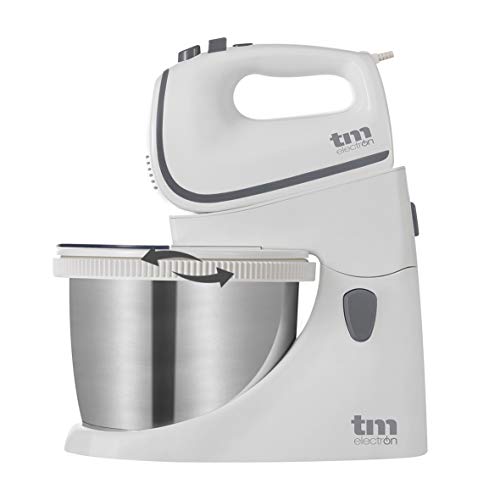 TM Electron TMPBA114 batidora amasadora para repostería de 450 w con Bol 2.5l, Ganchos para amasar, Varillas y Tapa antisalpicadura Transparente, Plástico, Blanco/Acero Inoxidable