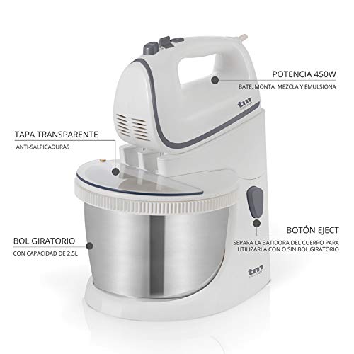 TM Electron TMPBA114 batidora amasadora para repostería de 450 w con Bol 2.5l, Ganchos para amasar, Varillas y Tapa antisalpicadura Transparente, Plástico, Blanco/Acero Inoxidable