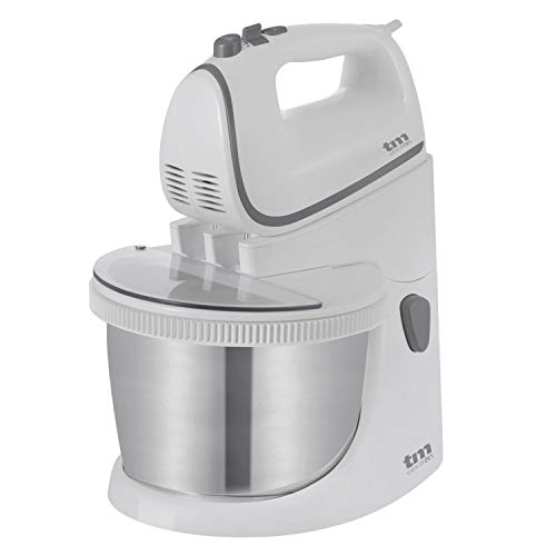 TM Electron TMPBA114 batidora amasadora para repostería de 450 w con Bol 2.5l, Ganchos para amasar, Varillas y Tapa antisalpicadura Transparente, Plástico, Blanco/Acero Inoxidable