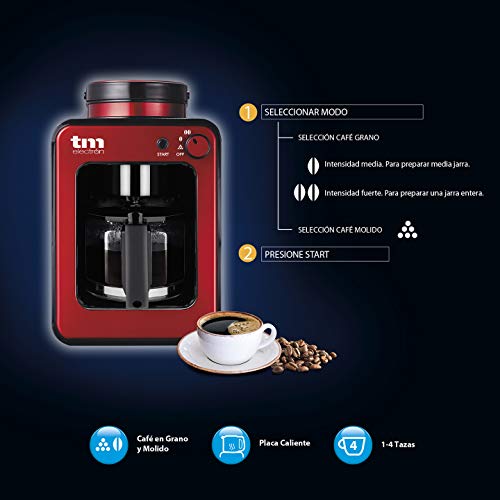 TM Electron TMPCF020R Mini cafetera de Goteo con Molinillo Grano, 4 Tazas, 600W y Filtro Lavable Compatible con café molido, 600 W, Ro