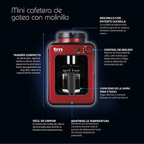 TM Electron TMPCF020R Mini cafetera de Goteo con Molinillo Grano, 4 Tazas, 600W y Filtro Lavable Compatible con café molido, 600 W, Ro