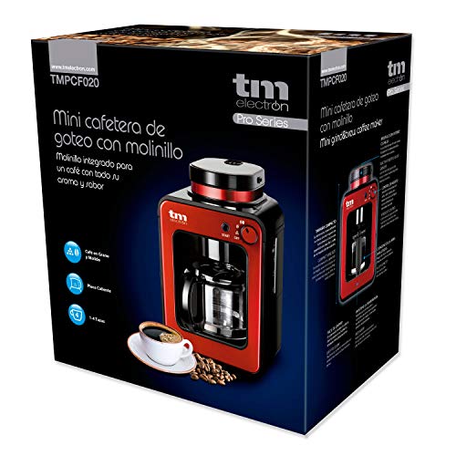 TM Electron TMPCF020R Mini cafetera de Goteo con Molinillo Grano, 4 Tazas, 600W y Filtro Lavable Compatible con café molido, 600 W, Ro