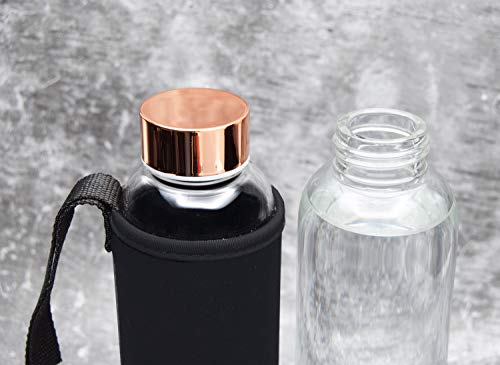 T&N Classique - Botella de cristal (550 ml, funda de neopreno, antigoteo, con pajita de cristal para probar, 100% libre de BPA, con cepillo), Oro rosa y negro.