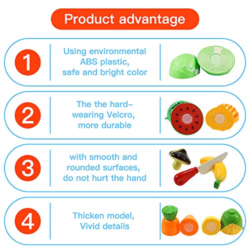 Tocone Alimentos de Juguete Cortar Frutas Verduras Pizza Cocina Juguete Temprano Desarrollo Educación Juguete de Corte para Bebé Niños de 3 o más años (26 Piezas)