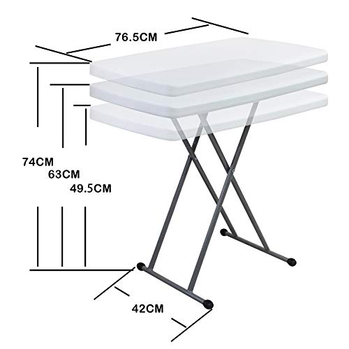 Todeco Mesa Compacta y Plegable, Mesa Plegable Ajustable, Mesa plegable multiusos 76 x 50 x 51/63/74 cm, Material: HDPE, Superficie superior: 76 x 50 cm, Blanco