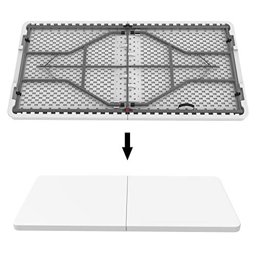 Todeco - Mesa Plegable Portátil, Mesa de Plástico Resistente - Material: HDPE - Carga máxima: 100 kg - 152 x 76 cm, Blanco, Plegable por la Mitad