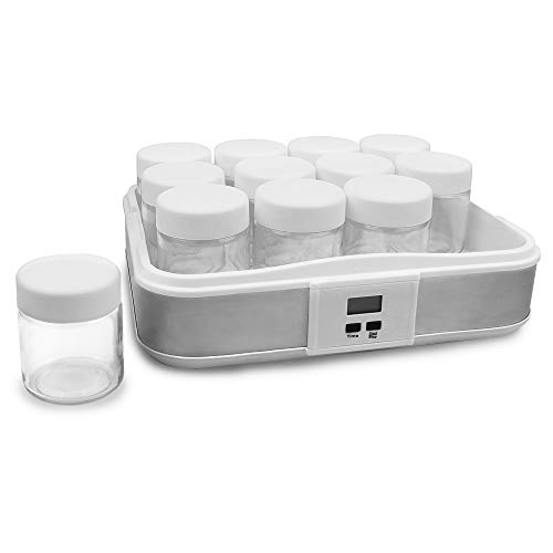 Todeco - Yogurtera, Maquina para Hacer Yogur Casero - Capacidad por frasco: 0,21 L - Potencia: 21,5 W - 12 tarros, con el contador de tiempo, 30,6 x 25 x 12,4 cm, Blanco