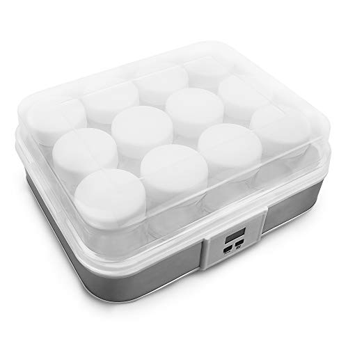 Todeco - Yogurtera, Maquina para Hacer Yogur Casero - Capacidad por frasco: 0,21 L - Potencia: 21,5 W - 12 tarros, con el contador de tiempo, 30,6 x 25 x 12,4 cm, Blanco