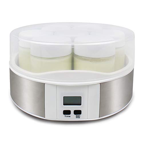 Todeco - Yogurtera, Máquina para Yogur Natural y Saludable - Capacidad por frasco: 0,21 L - Potencia: 15 W - 7 tarros, con el contador de tiempo, 23 x 23 x 12 cm, Blanco