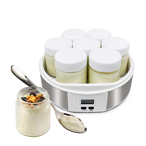 Todeco - Yogurtera, Máquina para Yogur Natural y Saludable - Capacidad por frasco: 0,21 L - Potencia: 15 W - 7 tarros, con el contador de tiempo, 23 x 23 x 12 cm, Blanco