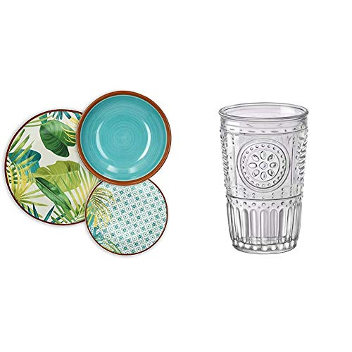 Tognana Jungle – Vajilla de 18 piezas, Porcelana, Multicolor, 9.12 kg + Bormioli Rocco Romantic Juego de 6 Vasos 30,5 cl, Cristal Transparente, 8 x 8 x 12,5 cm