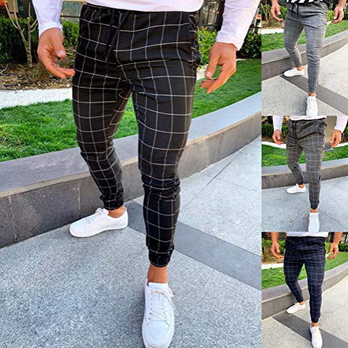 Tomwell Pantalón para Hombre Chino Casual Jogging Slim Fit Largos Deportivos Jogger Pants Impresión a Cuadros Trouser Primavera y Verano Negro X-Small