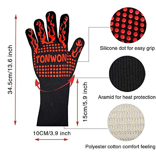 TONWON Guantes para Barbacoa, 1472°F Guantes para Parrilla a Prueba de Calor Extremo, Guantes para BBQ Accesorios de Cocina, Mitones para Horno de Microondas, Adecuados para Asar, Cocinar, Hornear