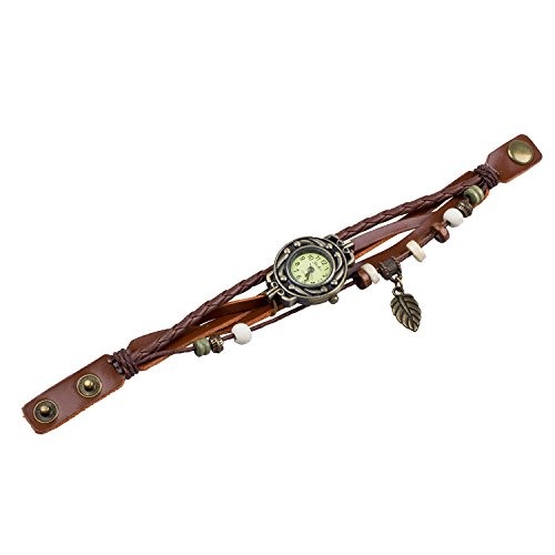 TOOGOO(R) Reloj de Pulsera Cuarzo Banda de Cuero Estilo Antiguo para Chica Mujer - Cafe