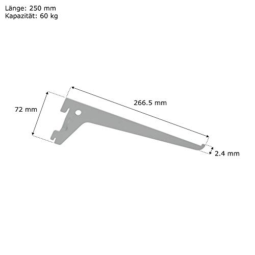 Toolerando Escuadra de estante para perfil cremallera perforación simple/Soporte de estantes para rieles de pared, 1 gancho/Cartela simple - Longitud: 250 mm, blanco