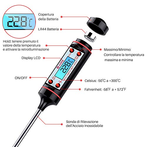 TOPELEK Termometro Carne Digital, Termómetro de Cocina de 5S Lectura Instantánea con 4.8'' Sonda Larga, Pantalla LCD Retroiluminada Para Comida La Carne Barbacoa Leche Líquido