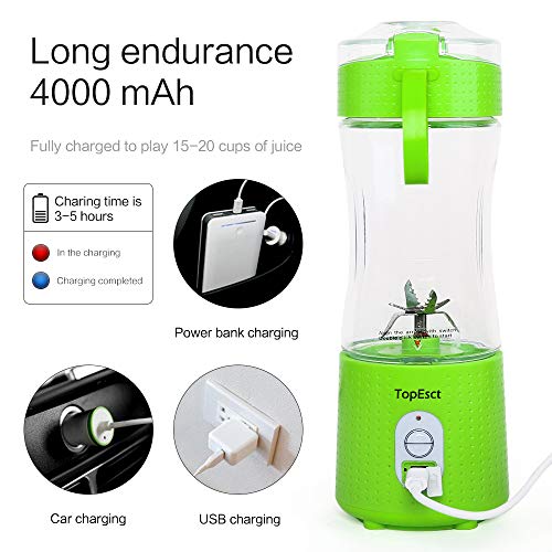 TopEsct Mini Batidora Portátil, 380 ml Personal para Batidos y Smoothies, 4000 mAh Mini Licuadora Portátil con 6 Cuchillas 3D de Acero Inoxidable + Batería Recargable 13oz USB, BPA Free