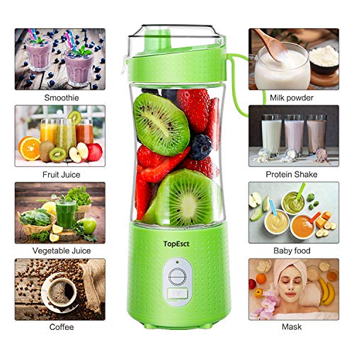 TopEsct Mini Batidora Portátil, 380 ml Personal para Batidos y Smoothies, 4000 mAh Mini Licuadora Portátil con 6 Cuchillas 3D de Acero Inoxidable + Batería Recargable 13oz USB, BPA Free