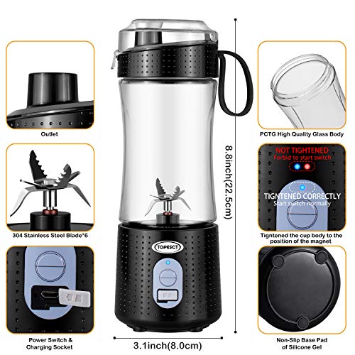 TopEsct Mini Batidora Portátil Personal para Batidos y Smoothies - con 6 Cuchillas 3D y Vaso Exprimidor de 380 ml - Potente Máquina de Mano Mezcladora de Frutas de 4000 mAh Recargable por USB