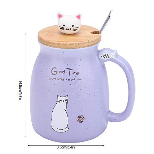 TOPINCN Taza de cerámica Lovely Cat Solid con Cuchara y Tapa de Madera Taza de Leche de Agua con café para Drinkware Regalo Oficina 1Pc(púrpura)