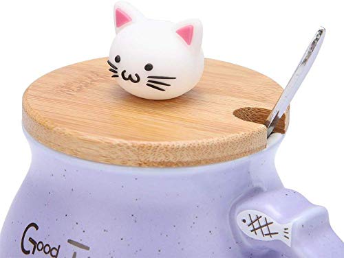 TOPINCN Taza de cerámica Lovely Cat Solid con Cuchara y Tapa de Madera Taza de Leche de Agua con café para Drinkware Regalo Oficina 1Pc(púrpura)