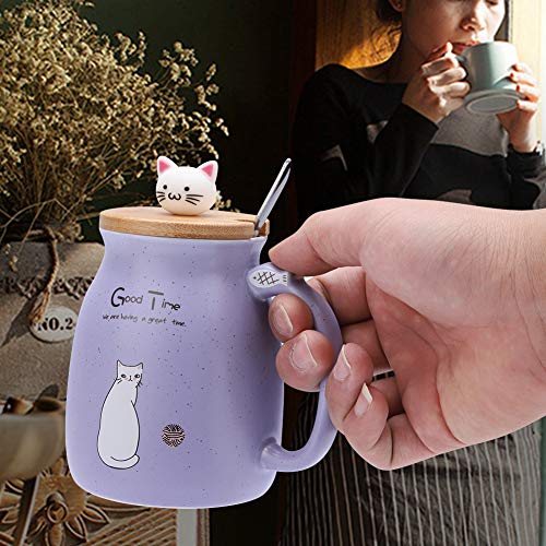 TOPINCN Taza de cerámica Lovely Cat Solid con Cuchara y Tapa de Madera Taza de Leche de Agua con café para Drinkware Regalo Oficina 1Pc(púrpura)