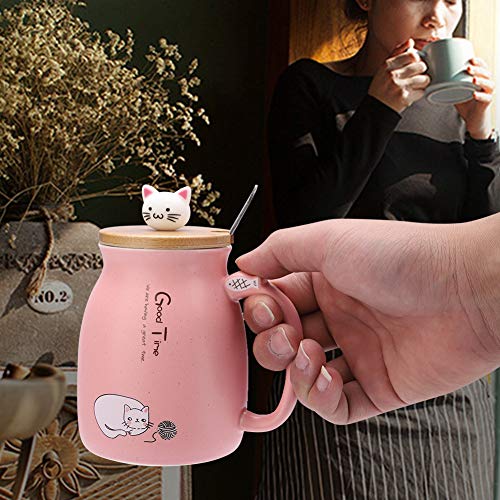 TOPINCN Taza de cerámica Lovely Cat Solid con Cuchara y Tapa de Madera Taza de Leche de Agua con café para Drinkware Regalo Oficina 1Pc(Rosa)