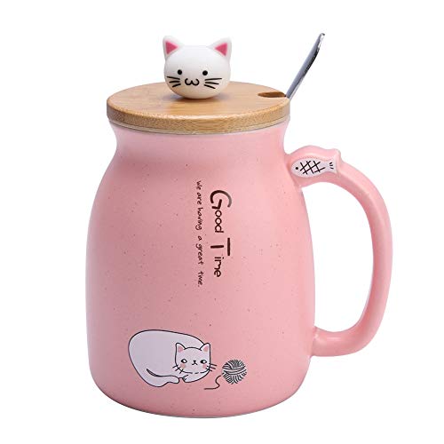 TOPINCN Taza de cerámica Lovely Cat Solid con Cuchara y Tapa de Madera Taza de Leche de Agua con café para Drinkware Regalo Oficina 1Pc(Rosa)