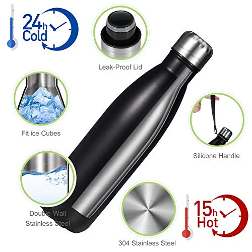 TOPLUS Botella de Agua Acero Inoxidable 304 Termo - 500ml, Termo Sin BPA Ecológica Reutilizable, Botella Termica con Pajita y Filtro para Niños & Adultos, Deporte(Black)